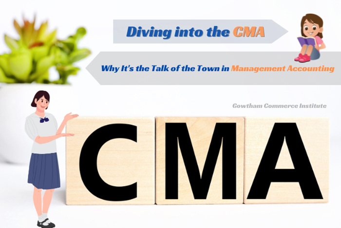 Educational promotion for Gowtham Commerce Institute featuring a student by wooden letter blocks forming 'CMA', indicating Certified Management Accountant courses available in Peelamedu, Coimbatore.