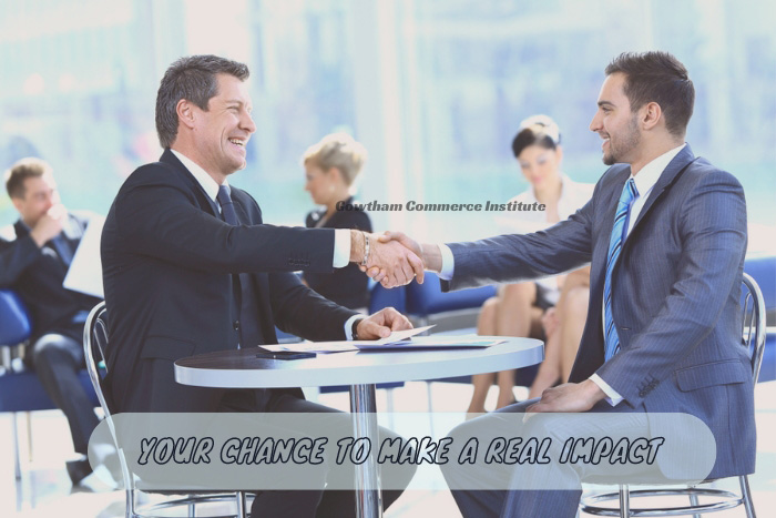 Two professionals shaking hands in a corporate setting, symbolizing the successful career opportunities after graduating from Gowtham Commerce Institute centre.