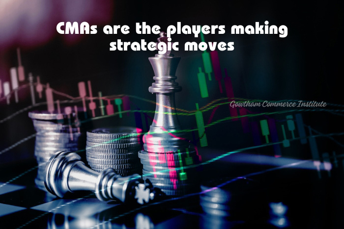Chess pieces on a board with financial graphs, symbolizing the strategic and analytical prowess of CMAs, a skillset honed at Gowtham Commerce Institute in Peelamedu, Coimbatore.