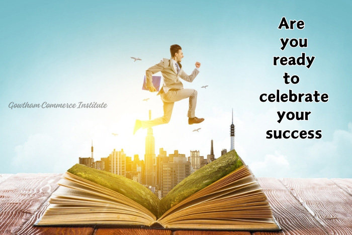 Exuberant professional leaping from an open book toward a cityscape, embodying the journey of education to success, as championed by Gowtham Commerce Institute in Peelamedu, Coimbatore.