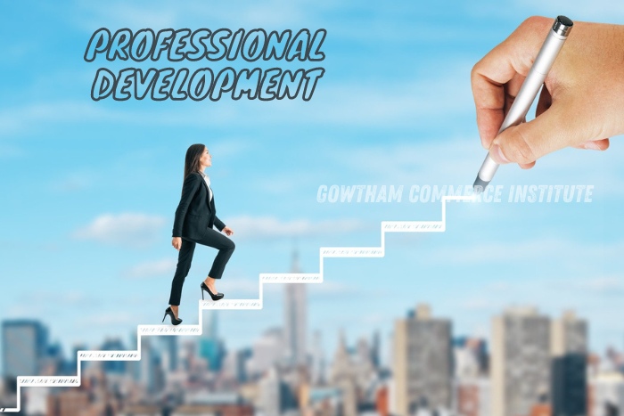 A professional woman ascending a drawn staircase symbolizing career growth, representing professional development programs at Gowtham Commerce Institute in Peelamedu, Coimbatore