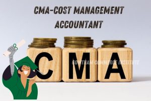 Graduate celebrating with a diploma next to wooden blocks spelling 'CMA' and stacks of coins, illustrating the successful career of a Cost Management Accountant trained at Gowtham Commerce Institute in Peelamedu, Coimbatore