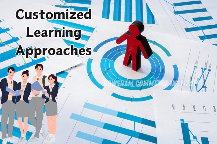 Illustration of a red figurine standing on a target over financial charts with a group of students, symbolizing the customized learning approaches at Gowtham Commerce Institute in Peelamedu, Coimbatore