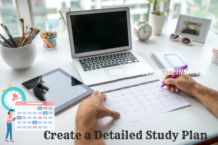 Student planning their study schedule with a calendar, laptop, and tablet, emphasizing the importance of creating a detailed study plan at Gowtham Commerce Institute in Peelamedu, Coimbatore. Highlighting the institute's focus on organized and strategic exam preparation