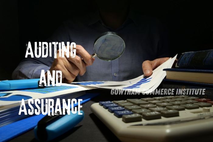 Auditor examining financial documents with a magnifying glass, symbolizing the focus on Auditing and Assurance at Gowtham Commerce Institute in Peelamedu, Coimbatore. Highlighting the institute's comprehensive training for CMA Intermediate students
