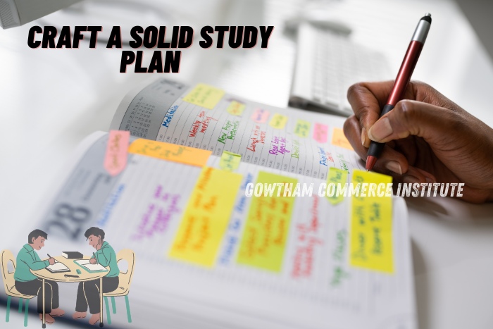 Student writing a detailed study plan in a planner, emphasizing the importance of crafting a solid study plan at Gowtham Commerce Institute in Peelamedu, Coimbatore. Highlighting the institute's focus on structured learning and effective exam preparation