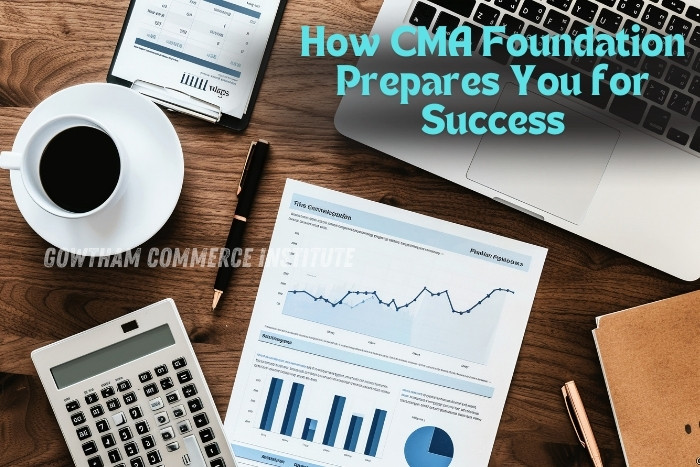 Financial charts, calculator, and CMA Foundation preparation at Gowtham Commerce Institute in Peelamedu