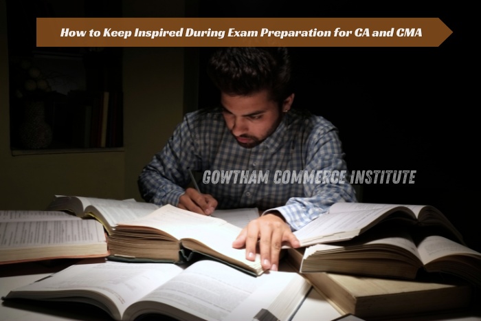 Dedicated student studying late night surrounded by books at Gowtham Commerce Institute, Peelamedu