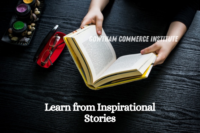 Gowtham Commerce Institute Student reading motivational stories for CA and CMA inspiration
