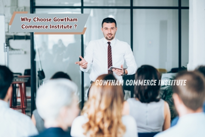 Expert faculty explaining benefits of joining Gowtham Commerce Institute to students during a CA and CMA coaching seminar in Peelamedu