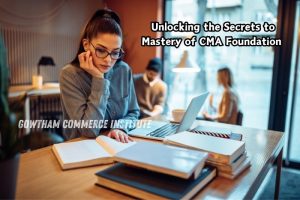 Student at Gowtham Commerce Institute, Peelamedu, Coimbatore deeply focused on mastering CMA Foundation concepts with books and laptop