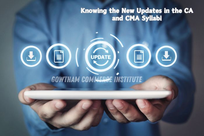 Man holding digital tablet icons with text about CA and CMA syllabus changes – Gowtham Commerce Institute, Peelamedu, Coimbatore
